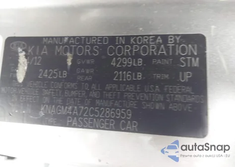 2012 Kia Optima Lx из США, поврежденный, VIN KNAGM4A72C5286959